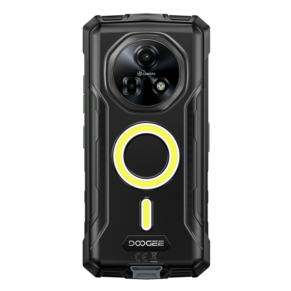 Retro di uno smartphone rugged nero con modulo fotocamera e anello luminoso giallo.