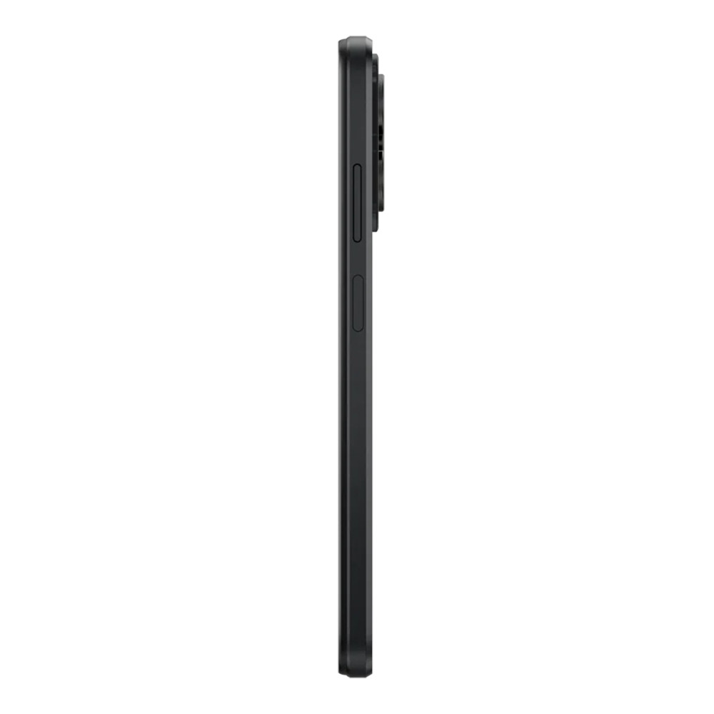 Smartphone nero visto di lato, con fotocamera e pulsanti in evidenza.
