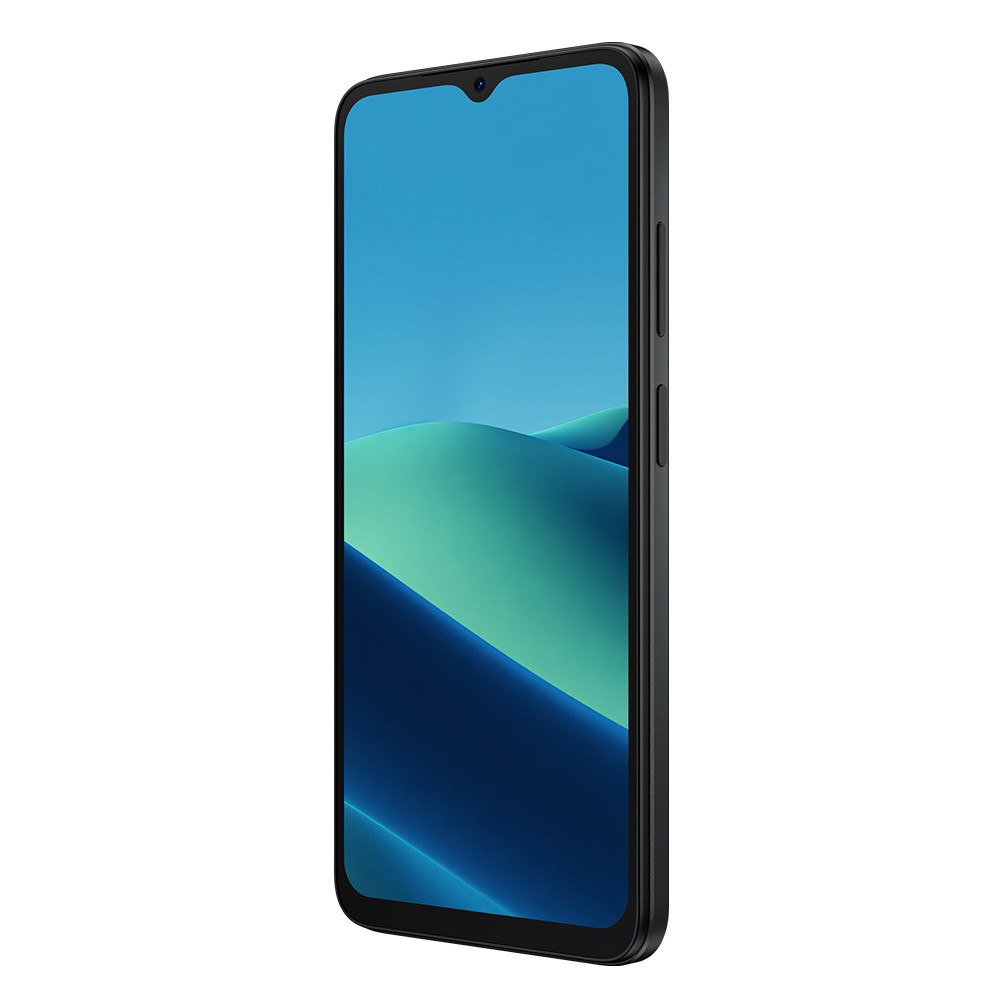 Uno smartphone nero con uno sfondo stilizzato blu e verde.