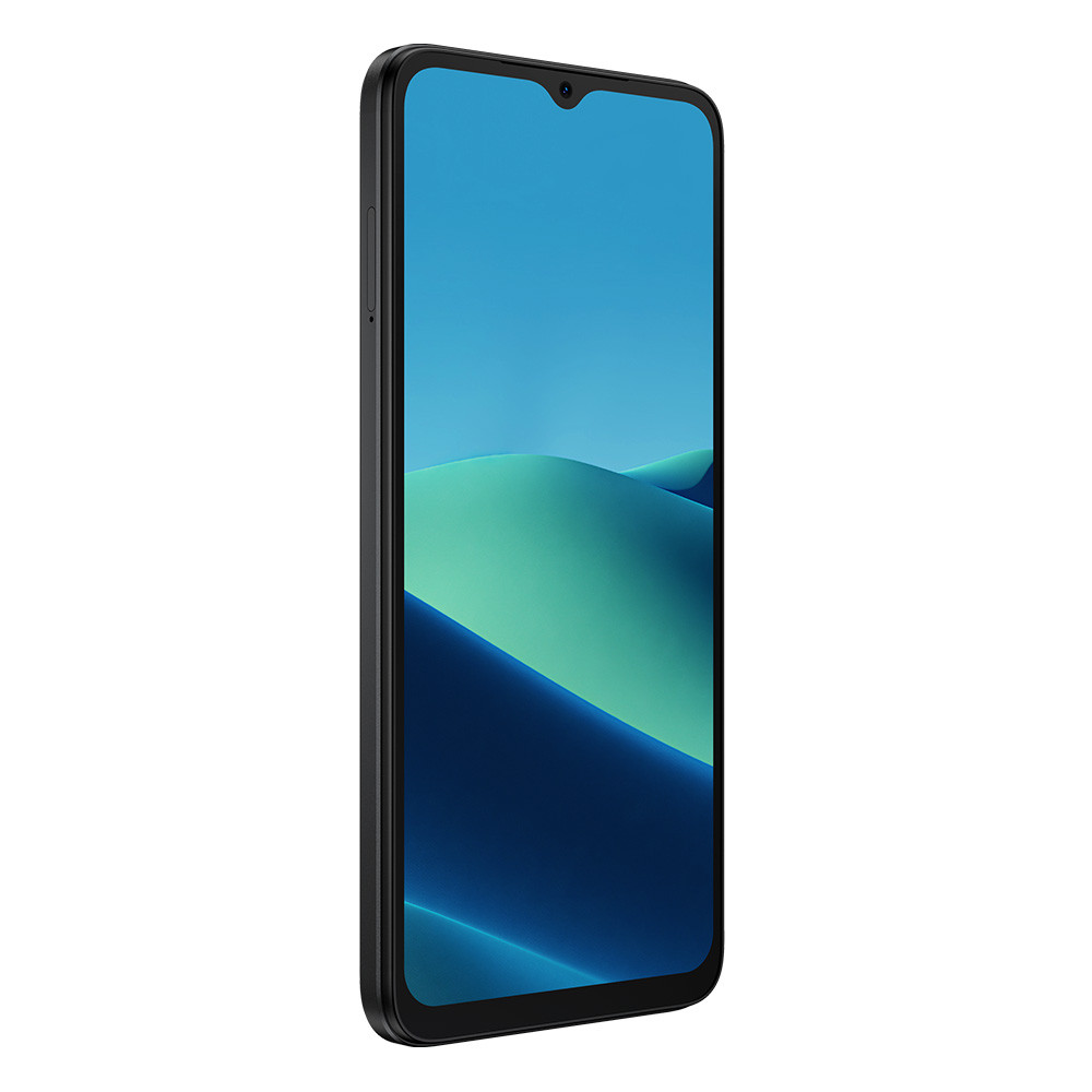Uno smartphone nero con un'immagine di sfondo blu ondulata.