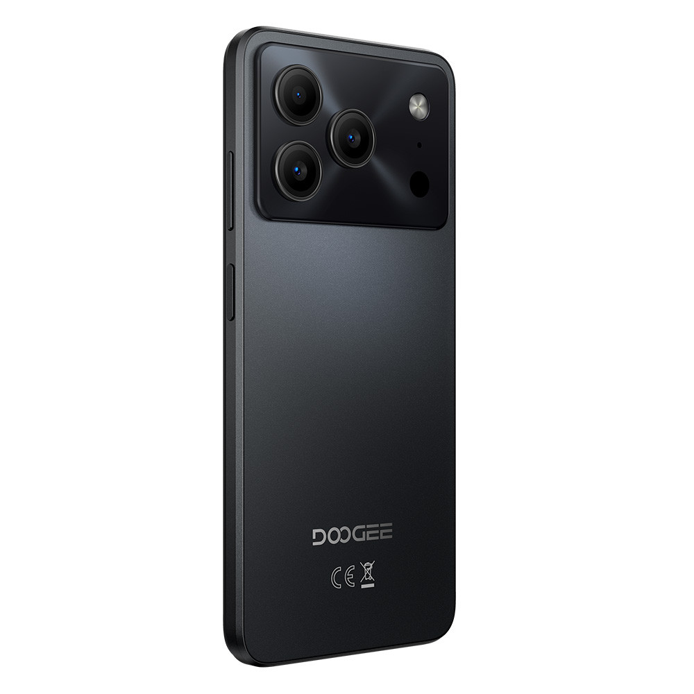 Smartphone Doogee grigio scuro con tre fotocamere e flash.