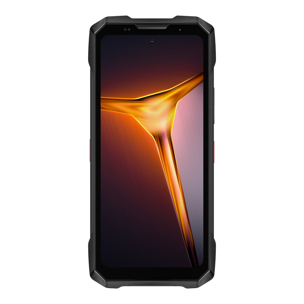 Robusto smartphone nero con sfondo astratto arancione sullo schermo.
