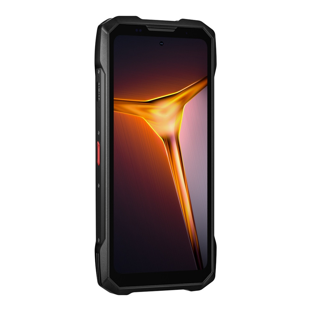 Smartphone robusto nero con pulsante rosso e sfondo astratto arancione.