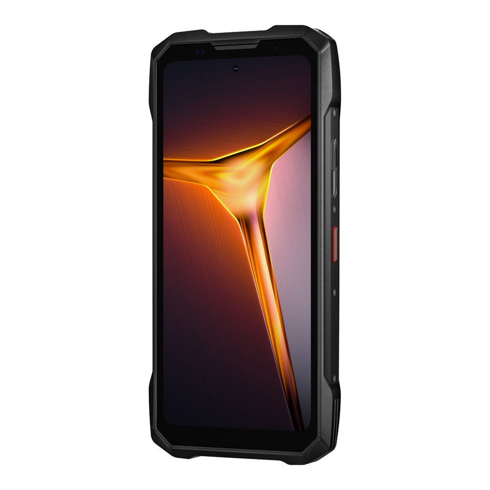 Uno smartphone nero e robusto con uno sfondo astratto arancione sullo schermo.