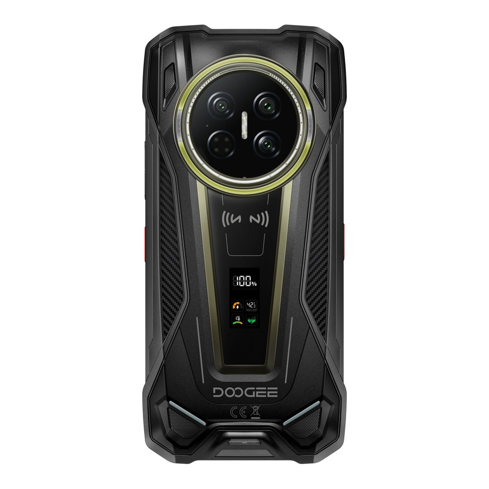 Retro di uno smartphone Doogee nero con array circolare della fotocamera, piccolo schermo e logo "CE".