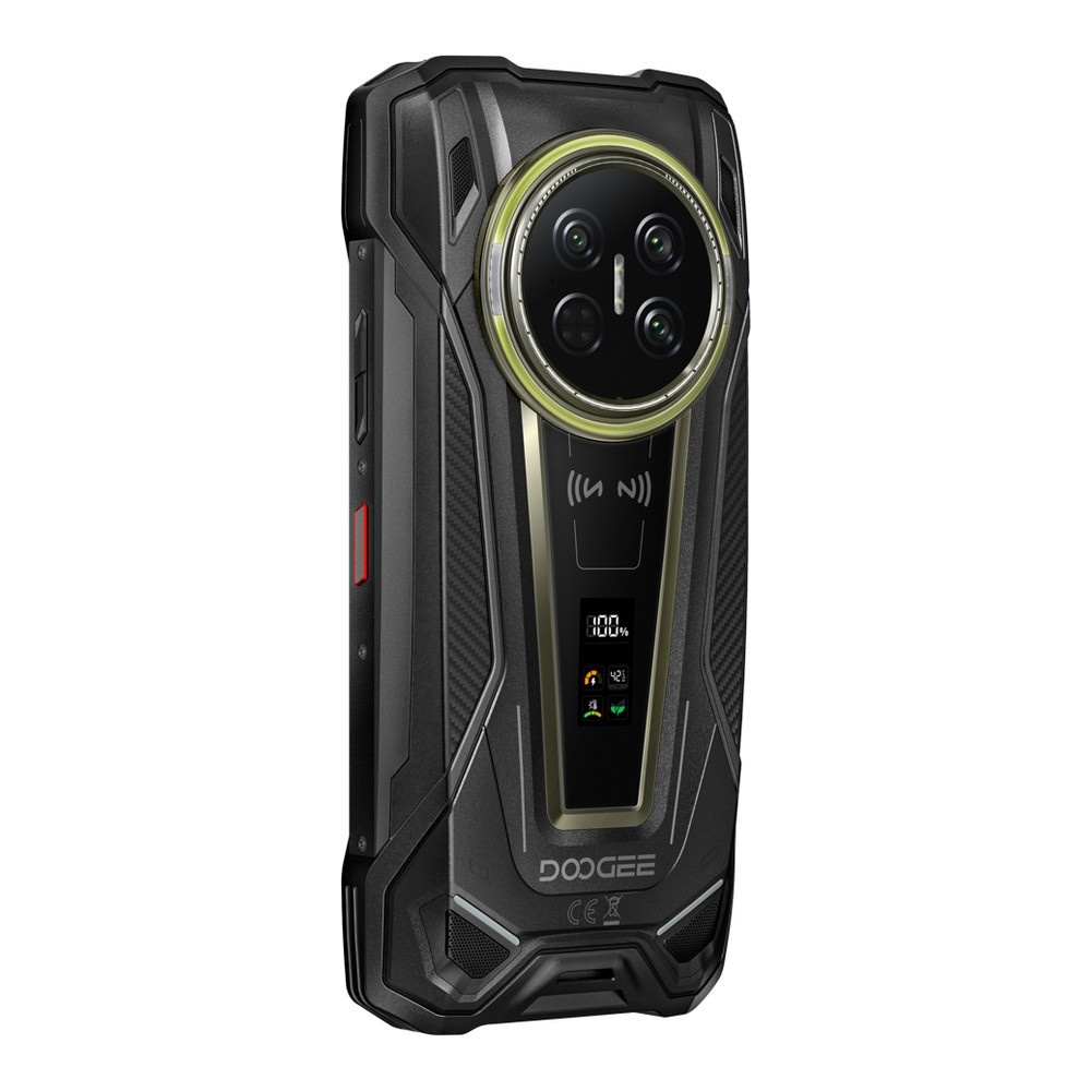 Uno smartphone robusto nero con quattro fotocamere, schermo piccolo e logo.