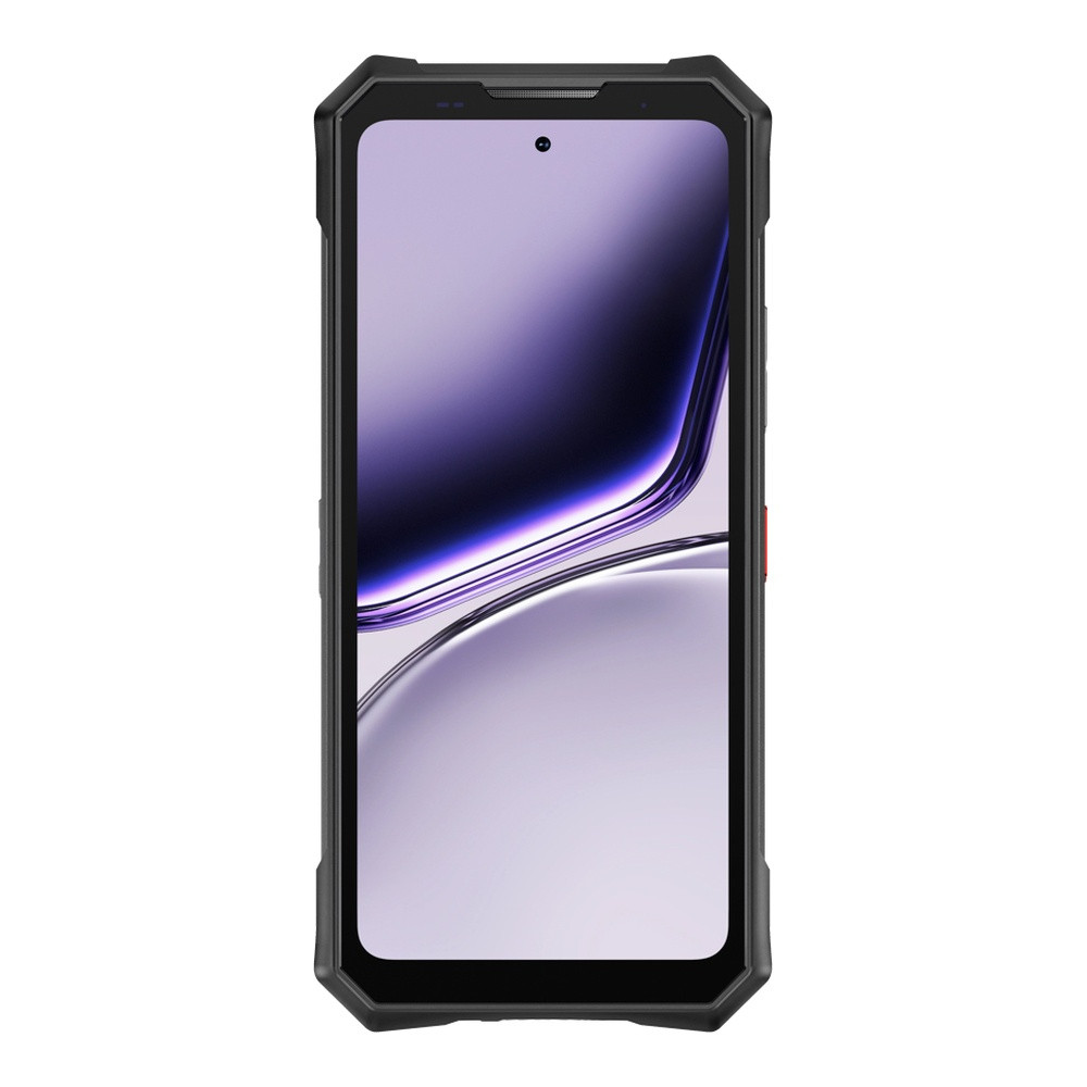 Robusto smartphone nero con sfondo viola e argento.