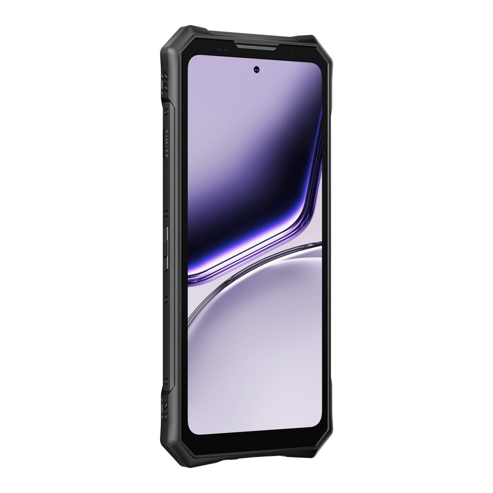 Uno smartphone nero robusto con uno sfondo viola e bianco.