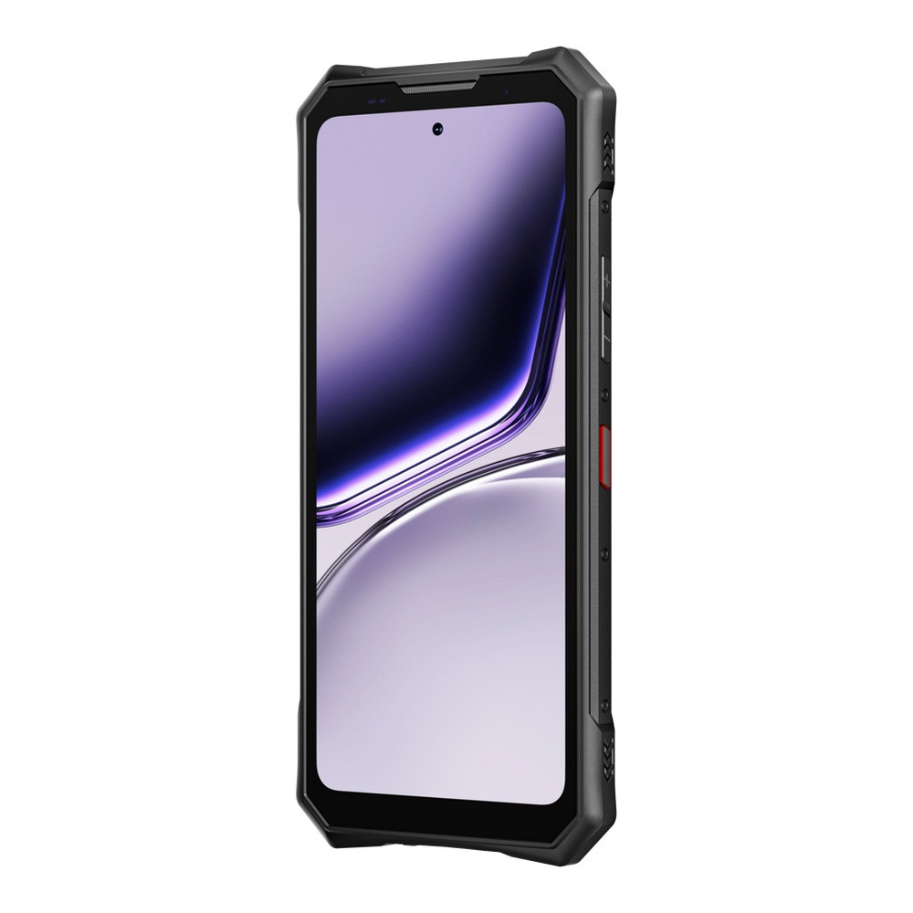 Un robusto smartphone nero con un grande schermo che mostra grafica astratta viola e bianca.
