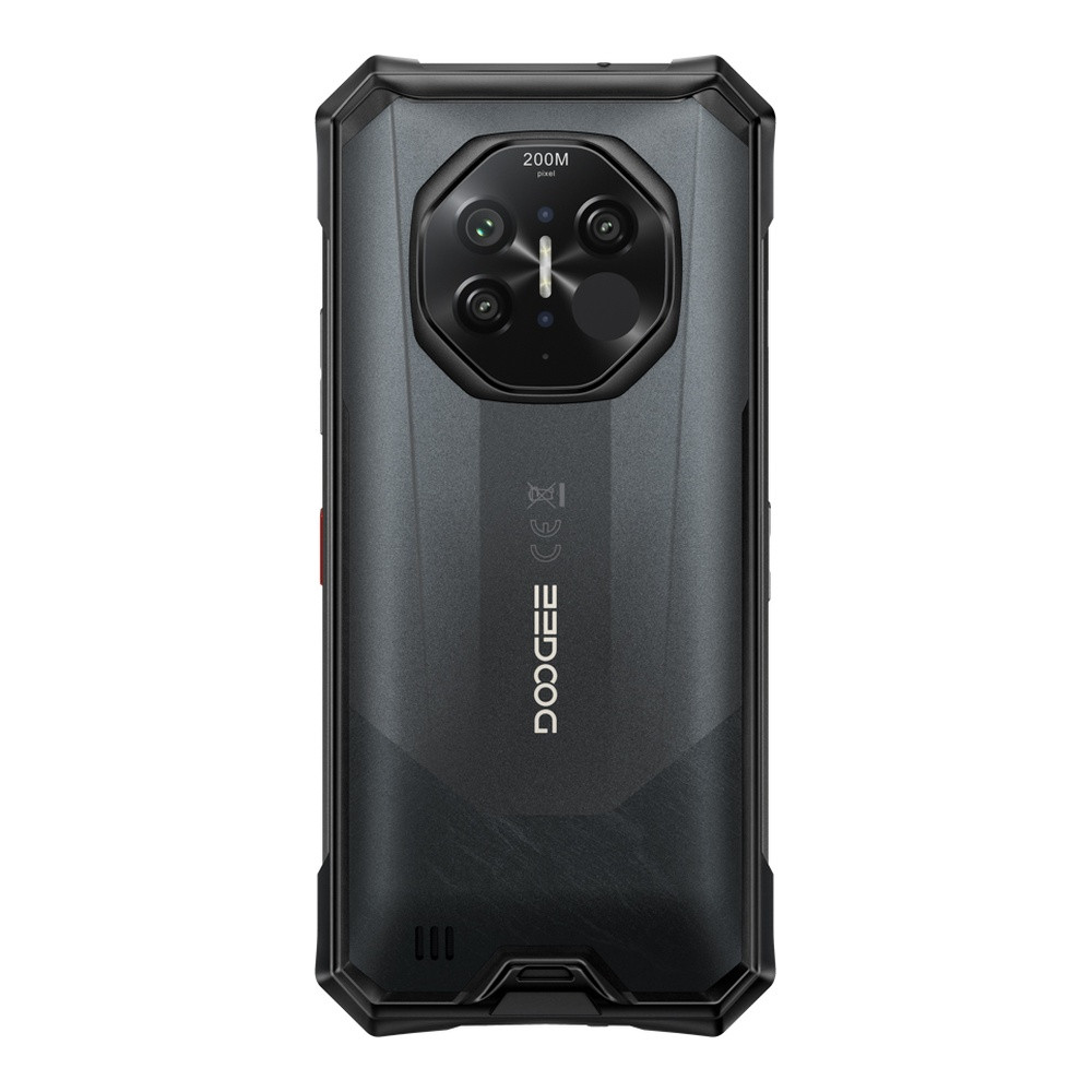 Retro di uno smartphone nero robusto con fotocamera da 200MP e logo DOOGEE.