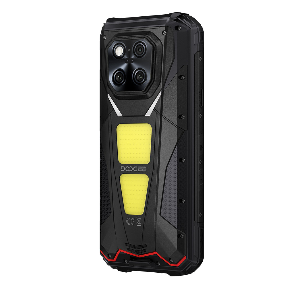 Smartphone robusto nero con quattro fotocamere posteriori, due pannelli luminosi gialli e logo 'DOOGEE'.
