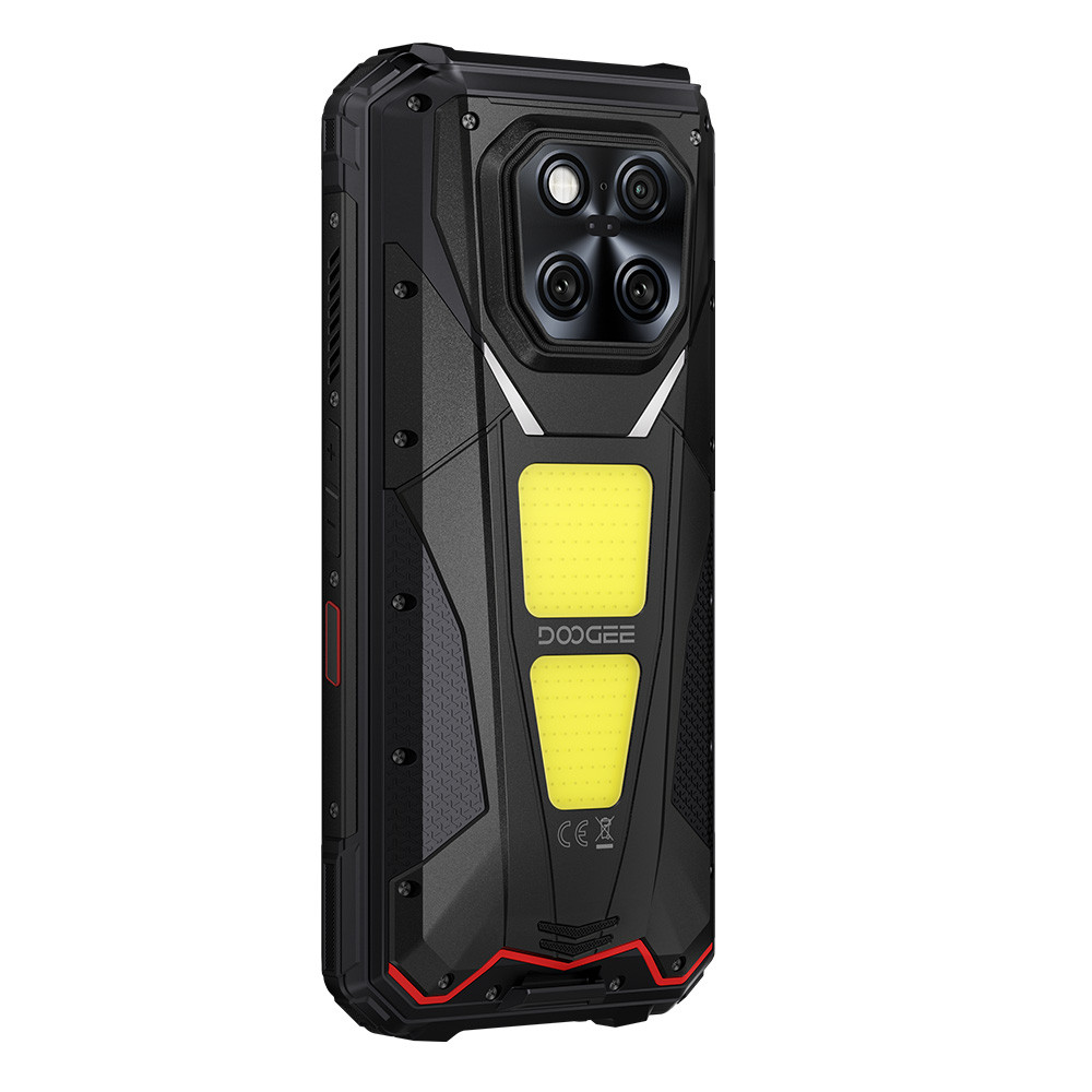 Smartphone robusto con quattro fotocamere, accenti gialli e logo DOOGEE.