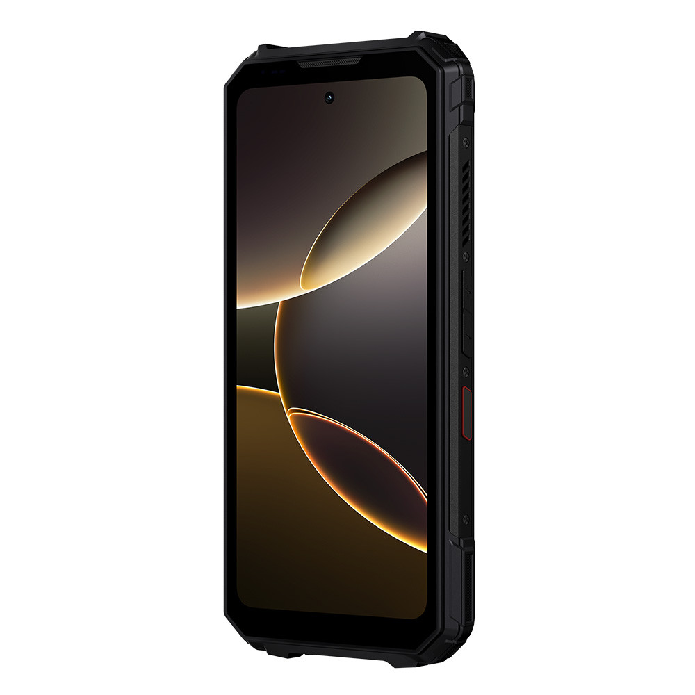 Smartphone robusto nero con accenti rossi sul lato.