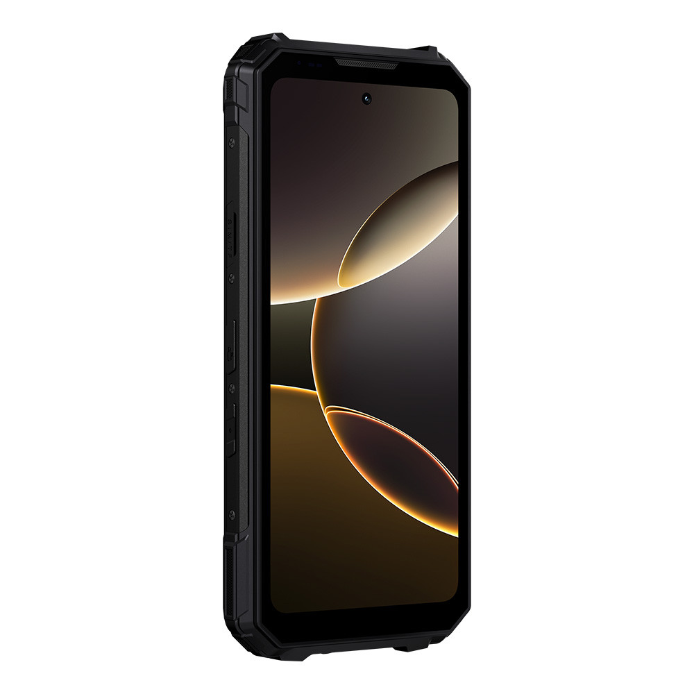 Uno smartphone robusto nero è mostrato in verticale su un'immagine di sfondo scura.