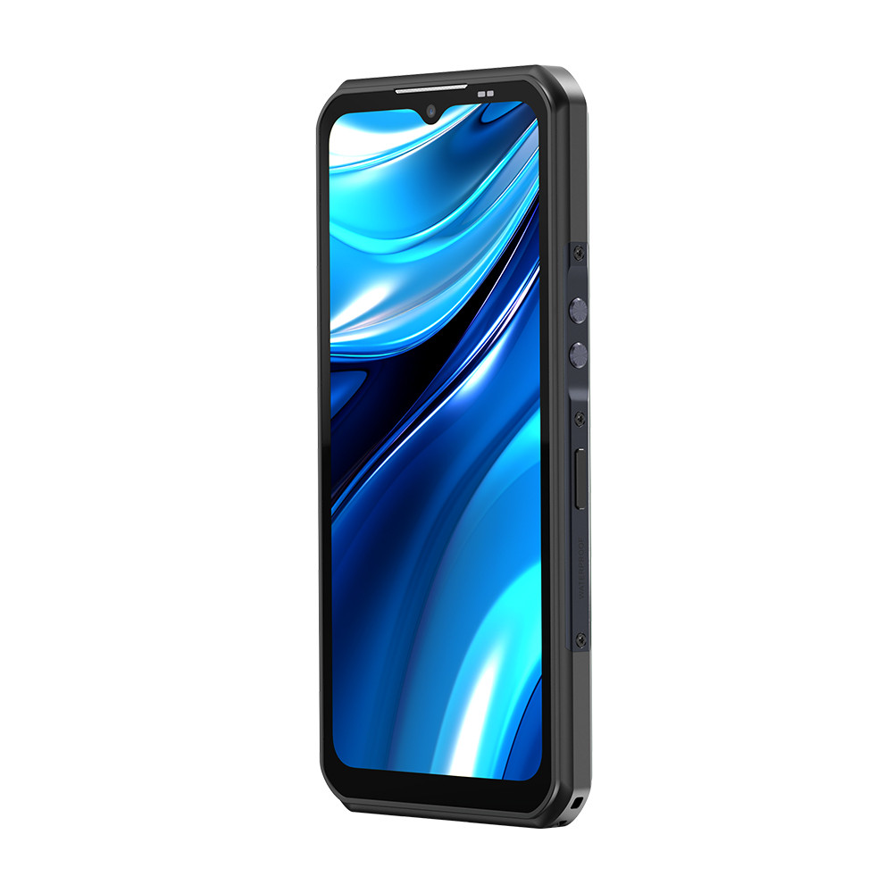 Uno smartphone nero con uno sfondo astratto blu sullo schermo.