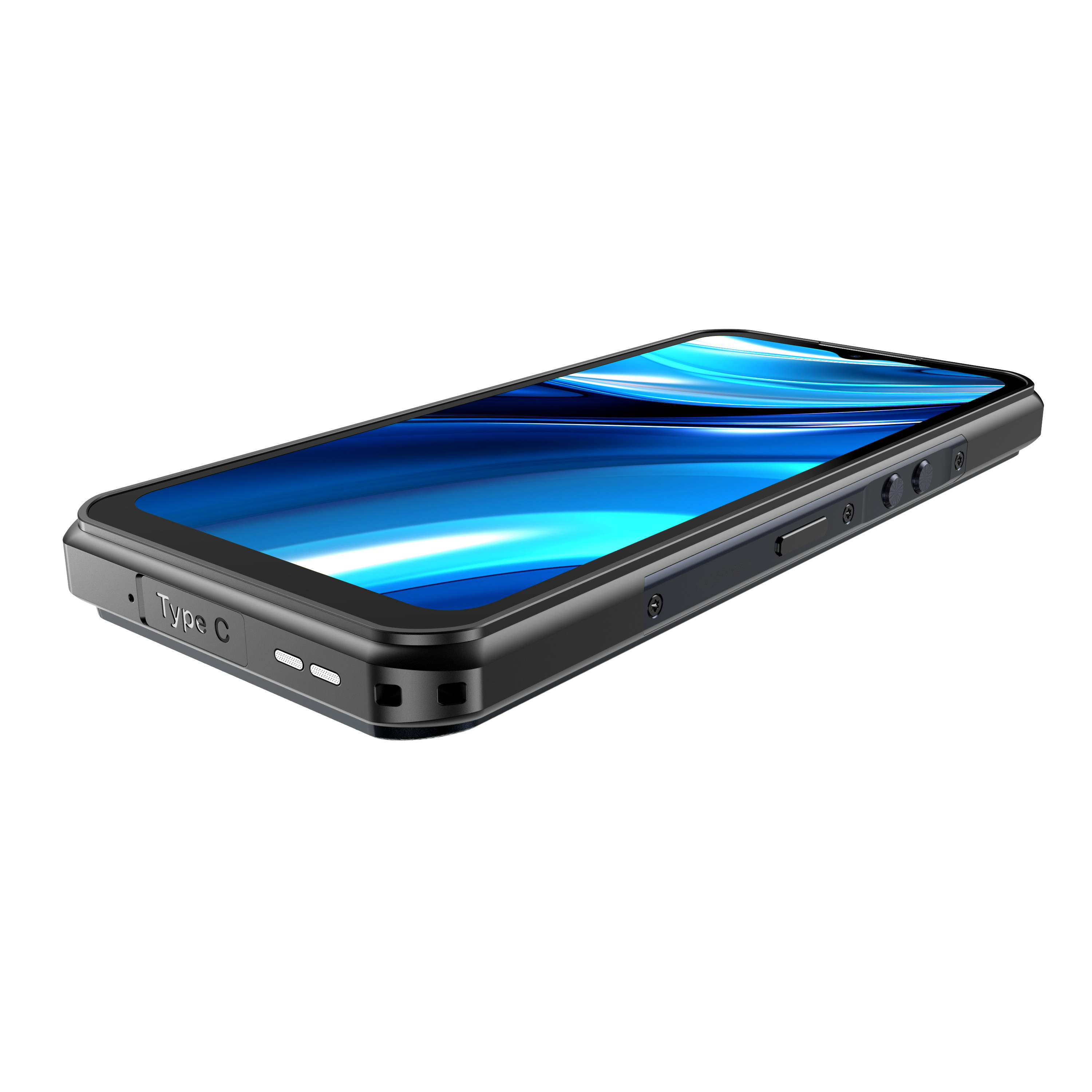 Uno smartphone nero con sfondo astratto blu sullo schermo.