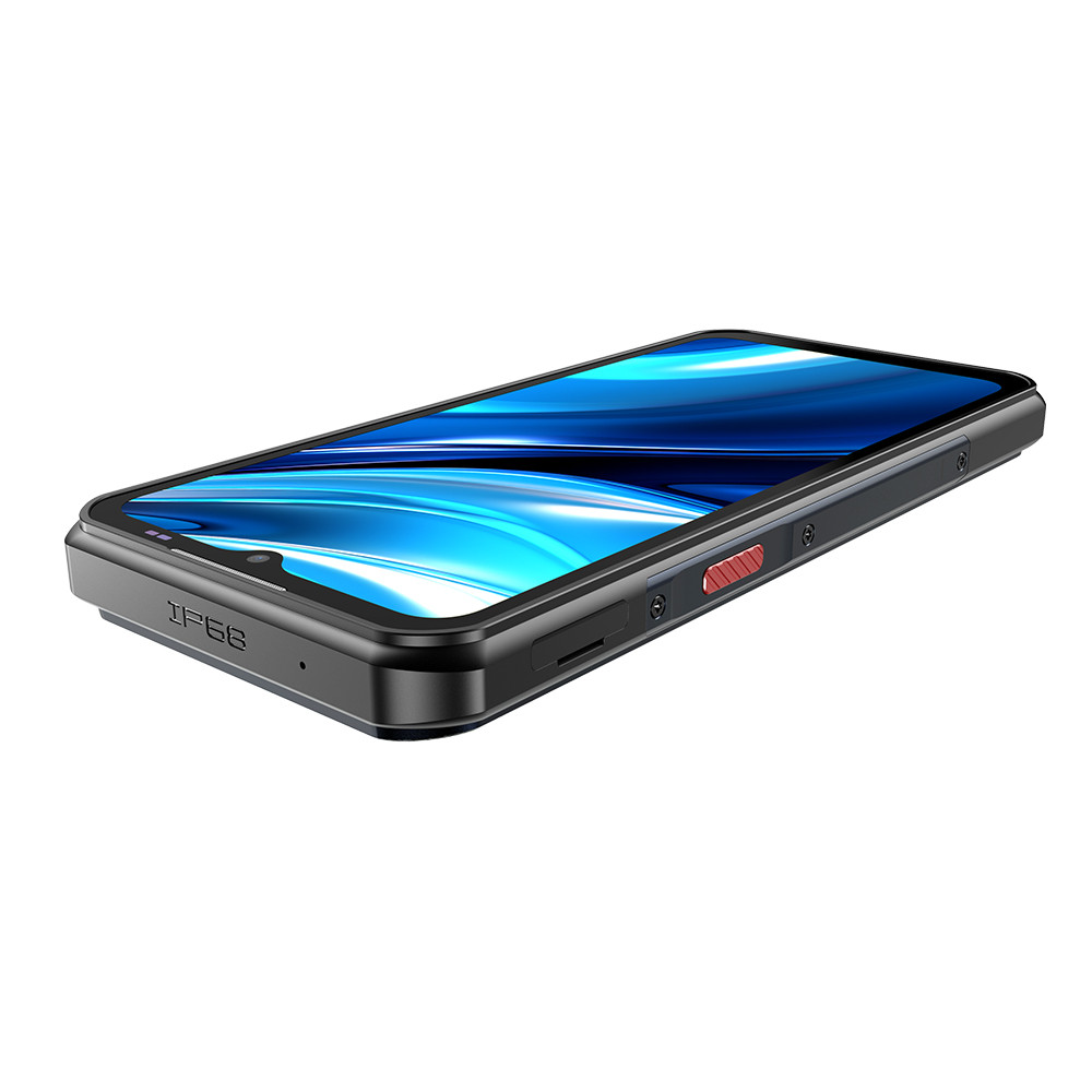 Robusto smartphone nero con sfondo astratto blu sul suo schermo.