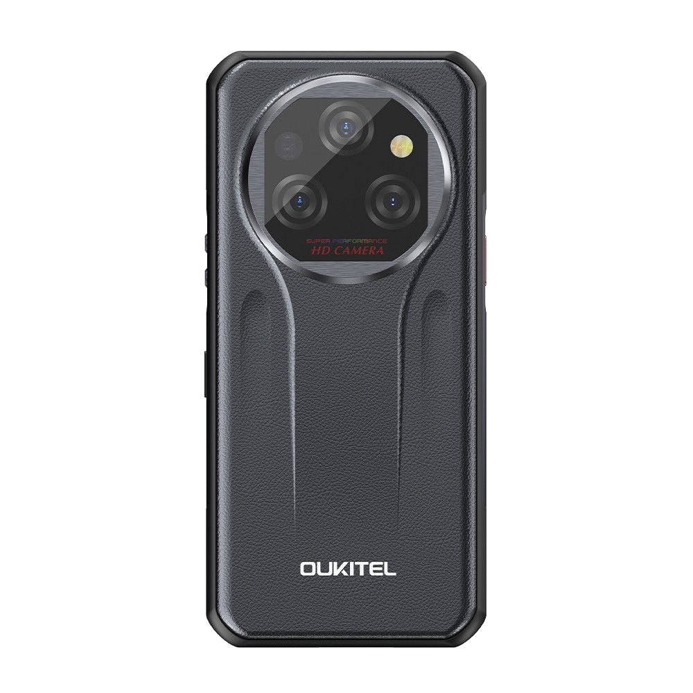 Retro di uno smartphone Oukitel nero con tre fotocamere e flash.