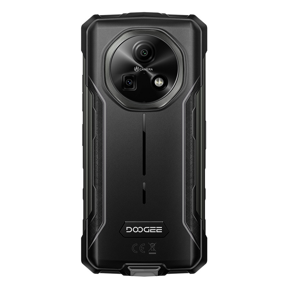 Retro di uno smartphone robusto nero con tripla fotocamera e logo DOOGEE.