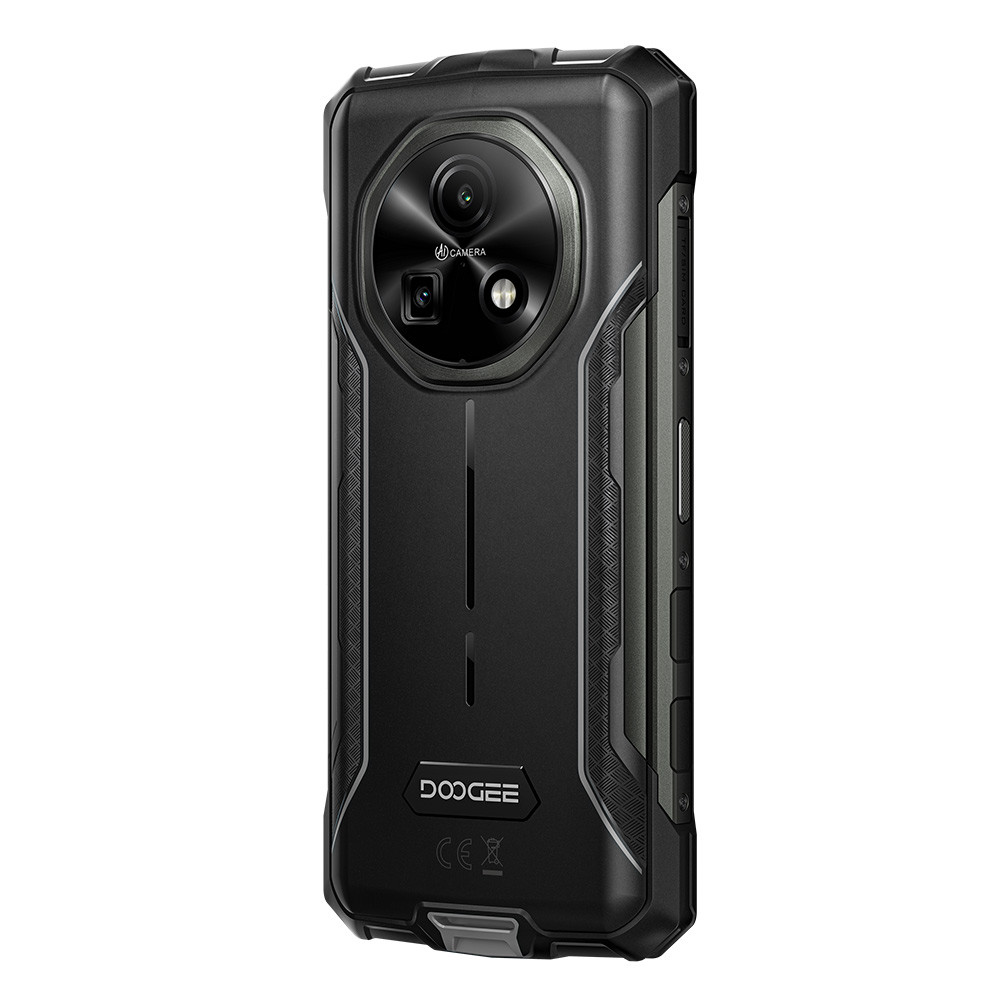 Retro di uno smartphone robusto nero con disposizione di modulo fotocamera circolare.