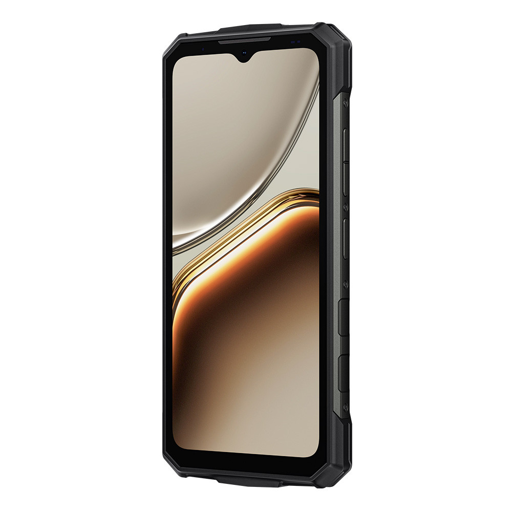 Uno smartphone nero robusto con display a goccia, su sfondo bianco.