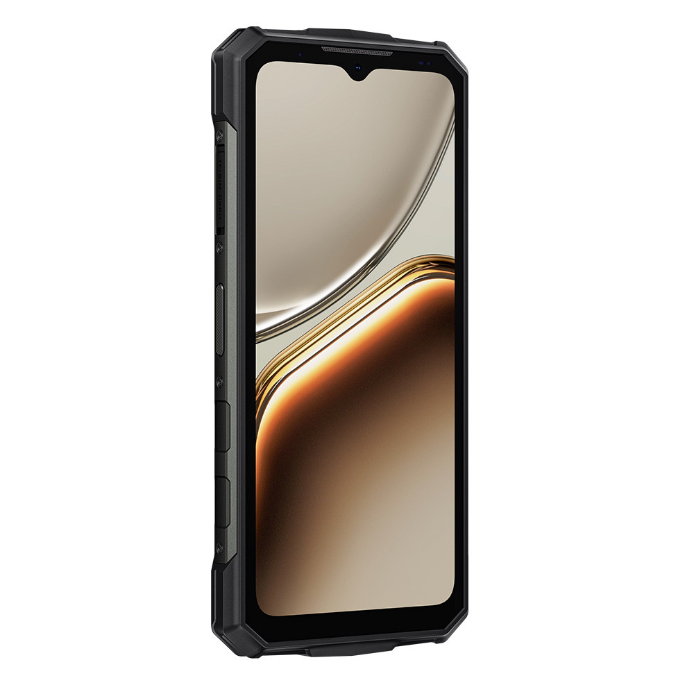 Smartphone robusto nero con schermo grande che mostra una sfumatura di beige e arancione.