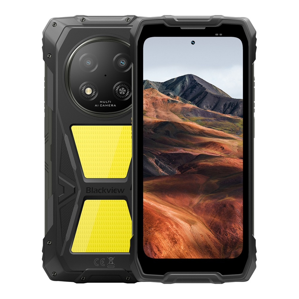 Uno smartphone nero robusto con accenti gialli e una fotocamera multipla sul retro.