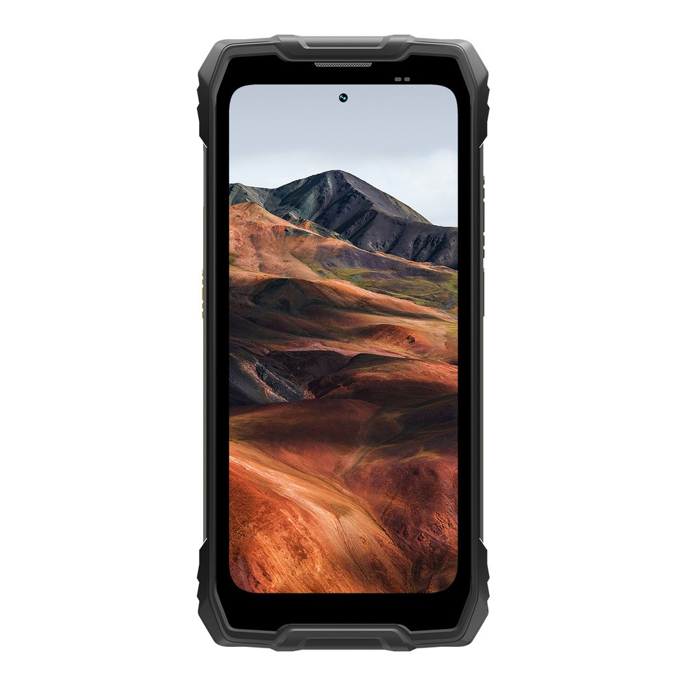Smartphone nero con paesaggio montano sullo schermo.