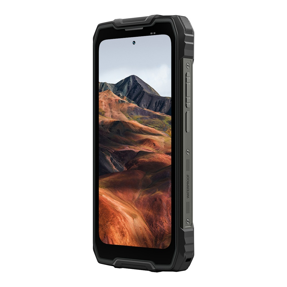 Smartphone robusto nero con paesaggio montano sullo schermo.