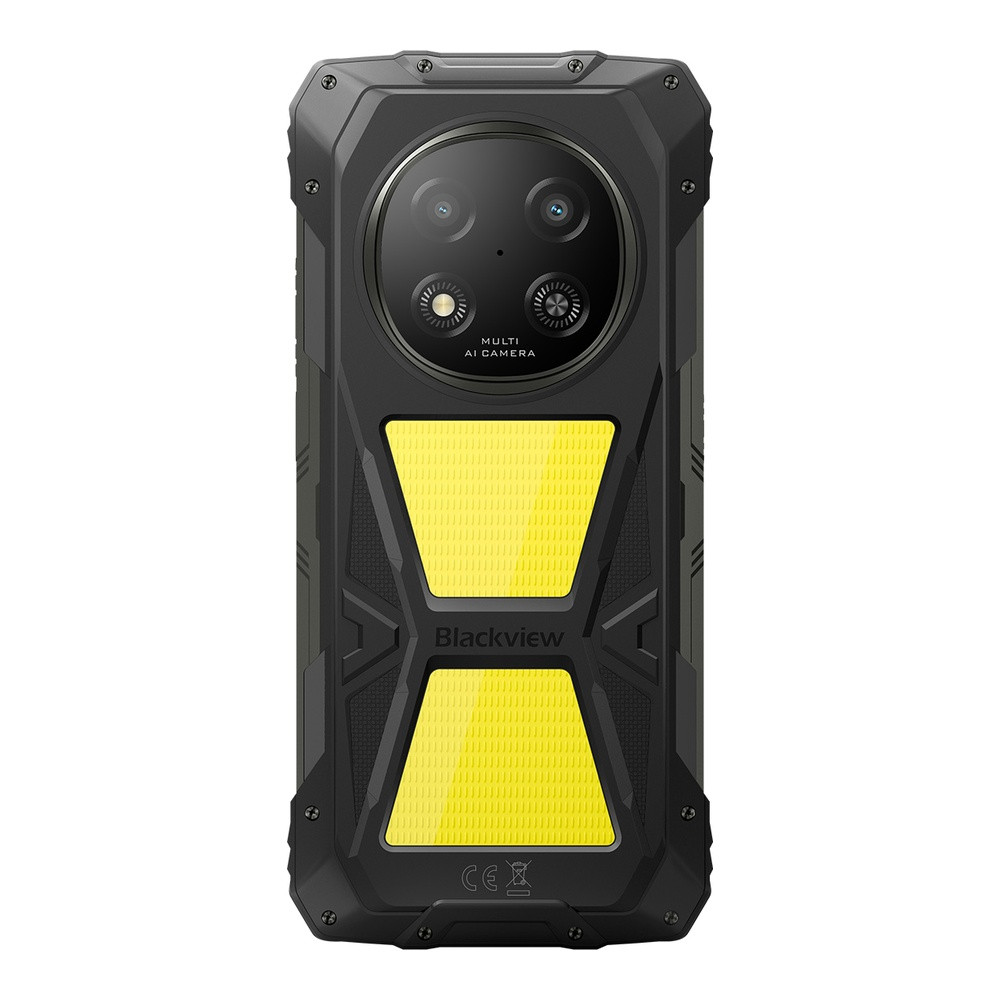 Retro di un robusto smartphone nero con accenti gialli e tre fotocamere.