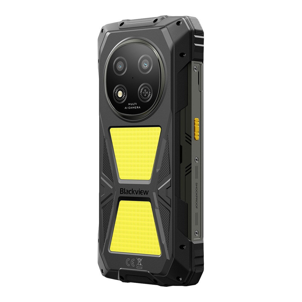 Robusto smartphone nero con accenti gialli e fotocamera multi AI.