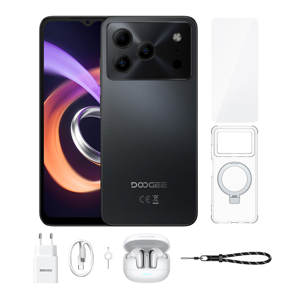 Smartphone nero con accessori: caricatore, cavo, auricolari, cover, protezione schermo, strumento SIM.