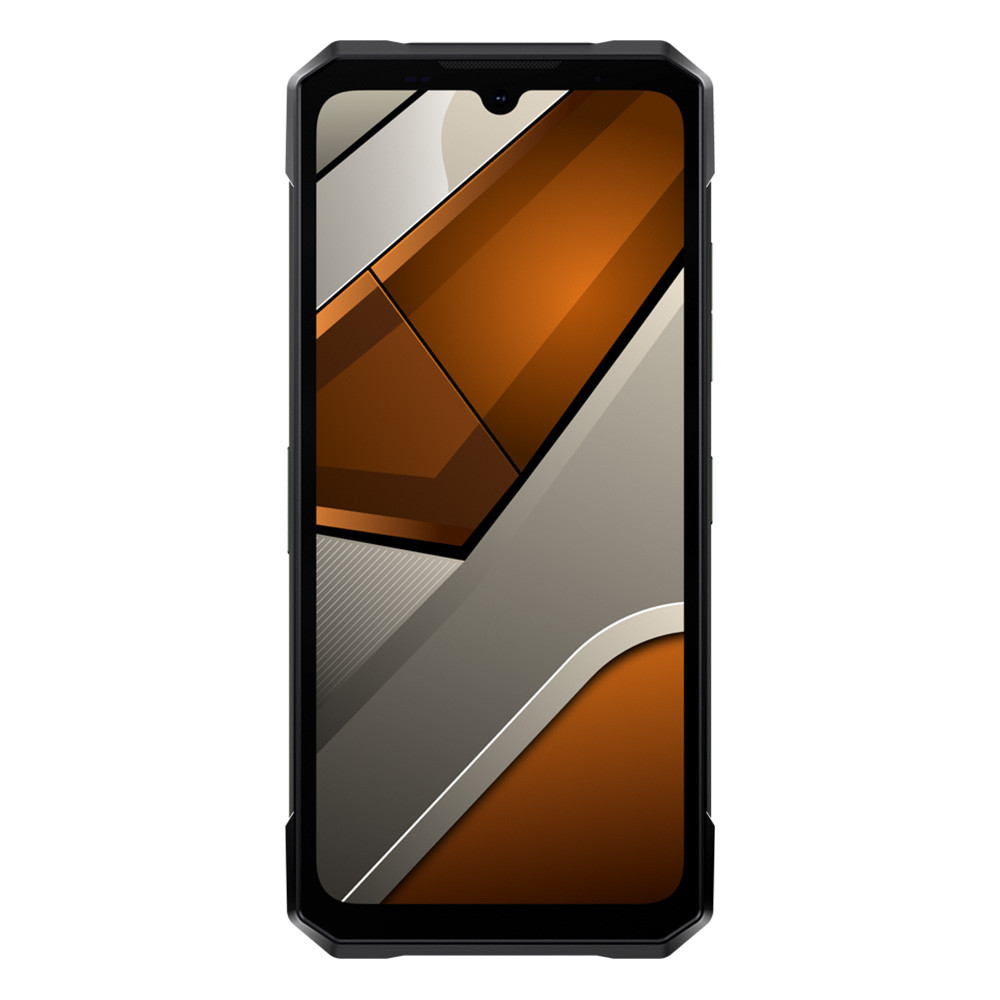 Uno smartphone nero mostra uno sfondo astratto arancione e grigio sullo schermo.
