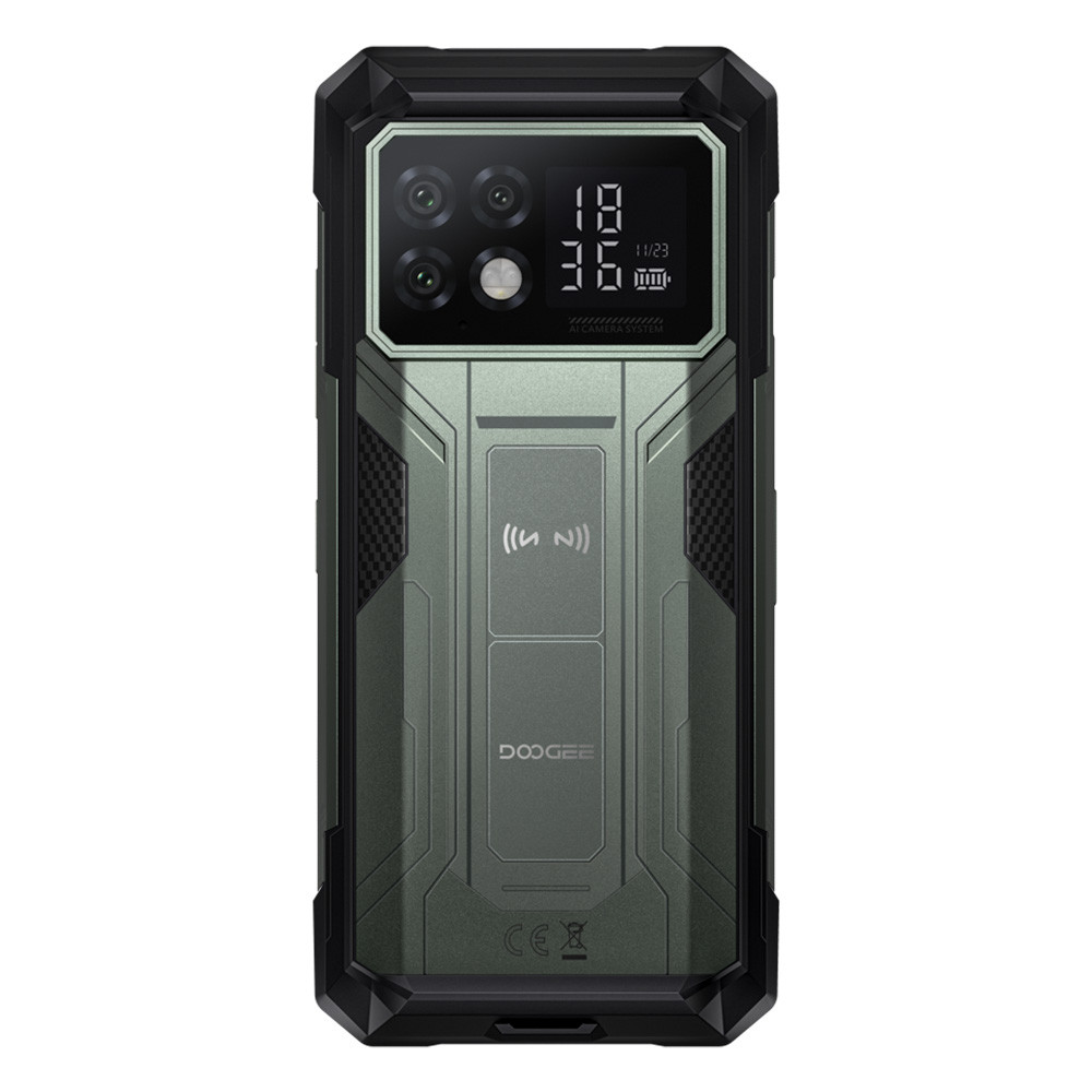 Vista posteriore di uno smartphone robusto, verde scuro, con array di fotocamere e display digitale.