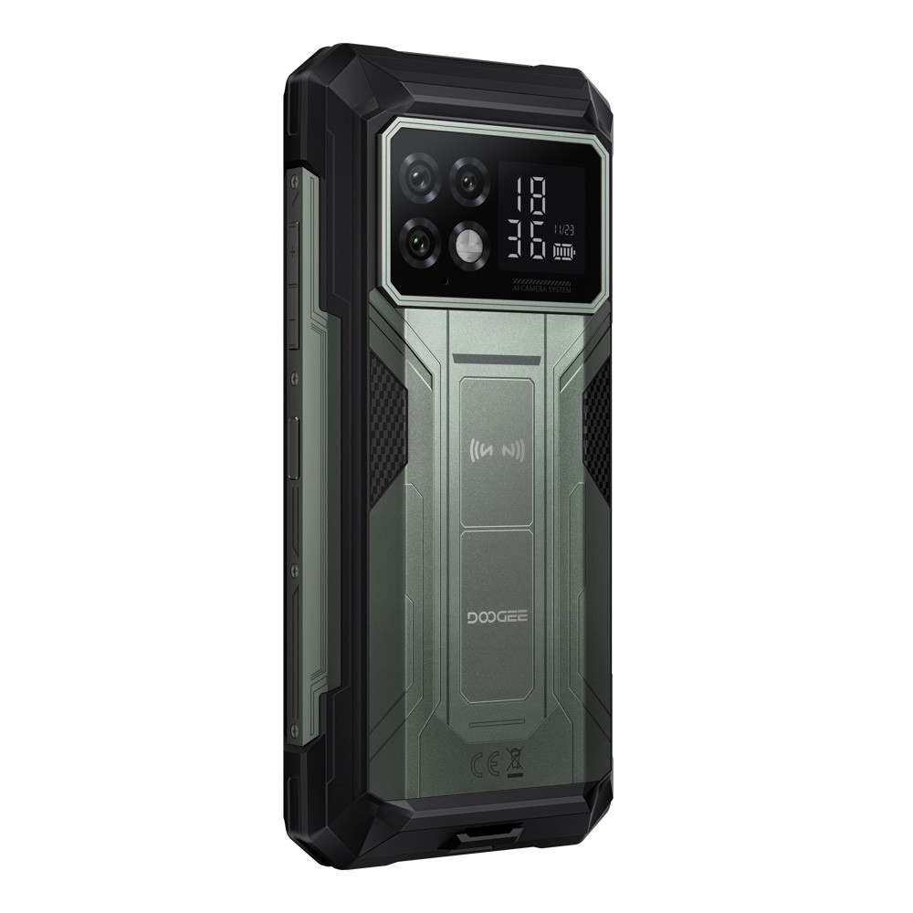 Robusto smartphone verde con quattro fotocamere, display e logo.