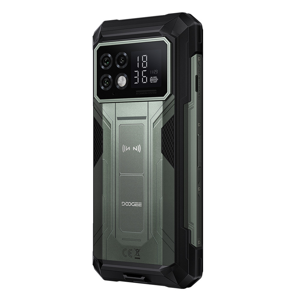Smartphone verde robusto con quattro fotocamere e display digitale.