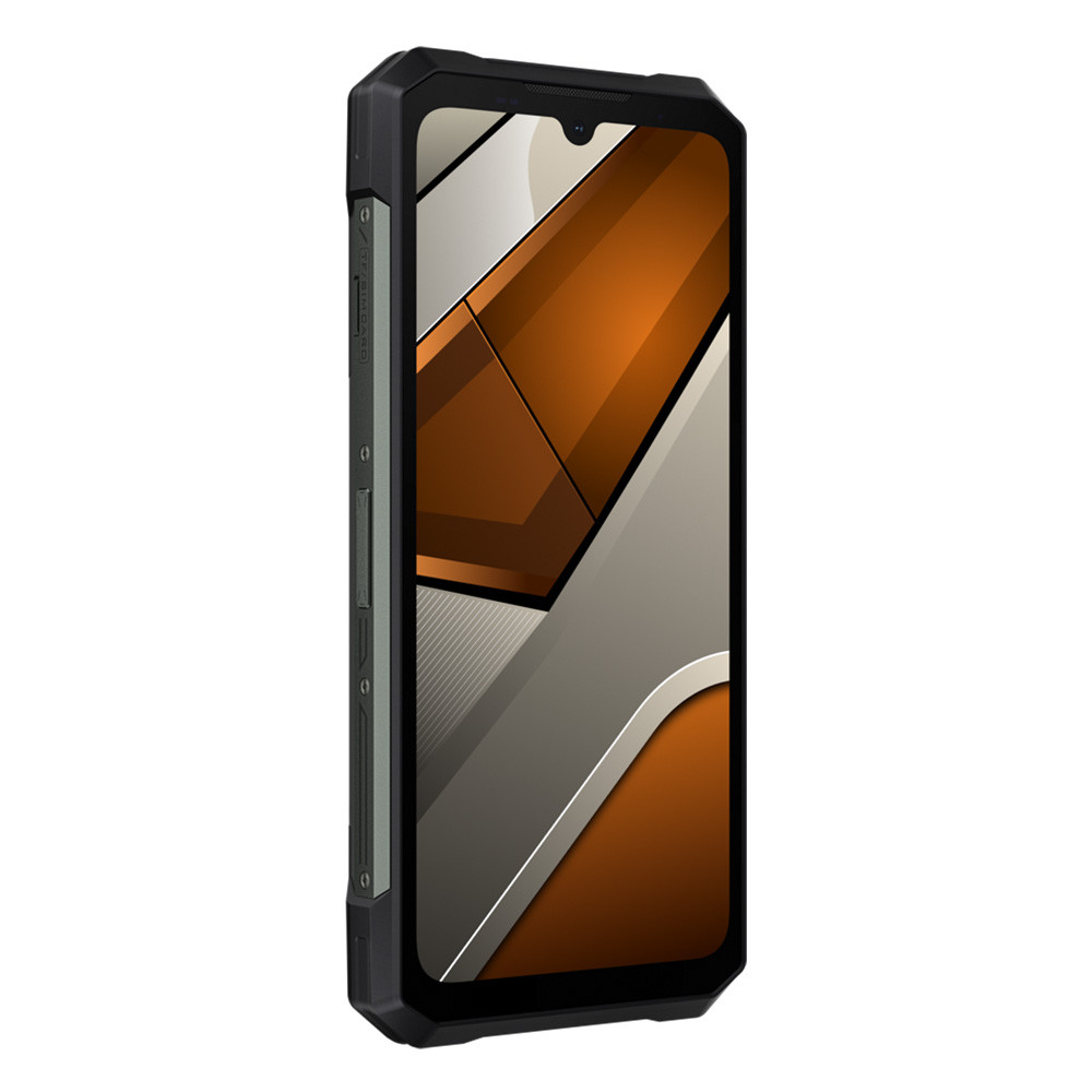 Robusto smartphone nero con sfondo astratto arancione e grigio.