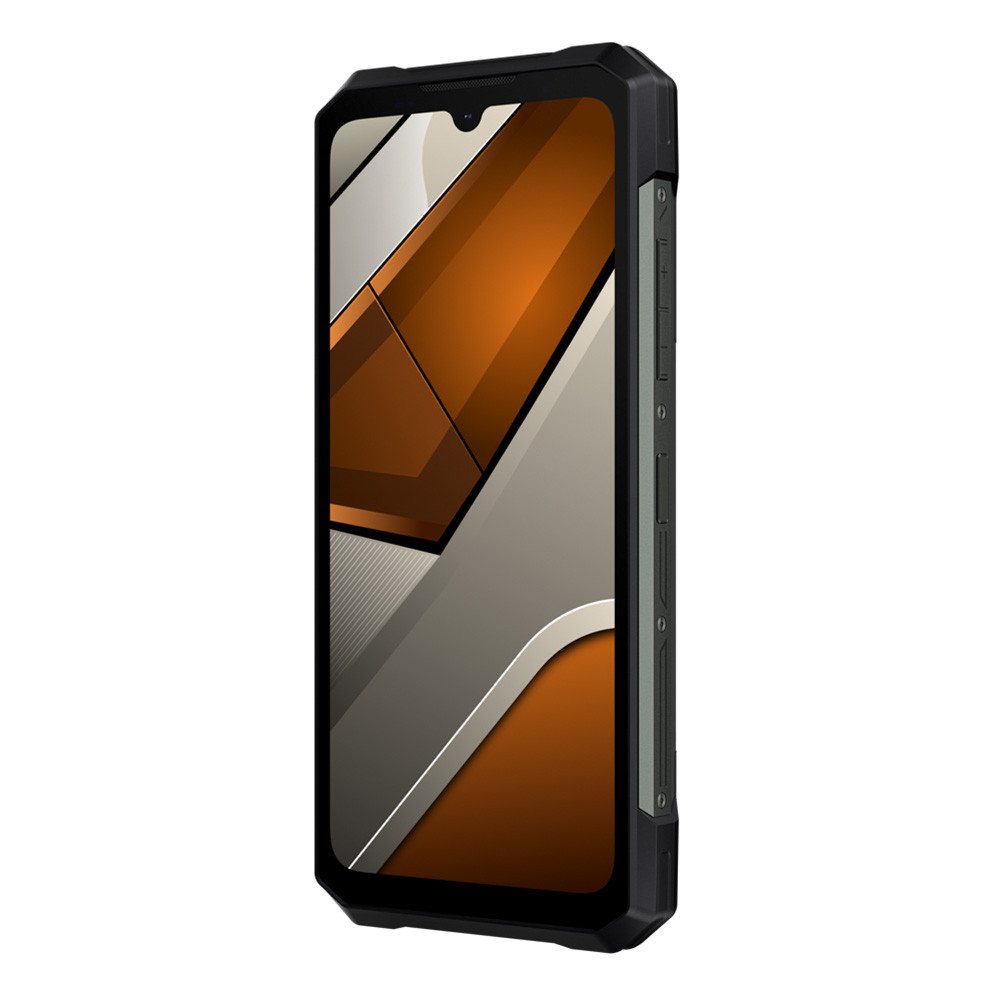 Robusto smartphone nero con sfondo astratto arancione e grigio sullo schermo.