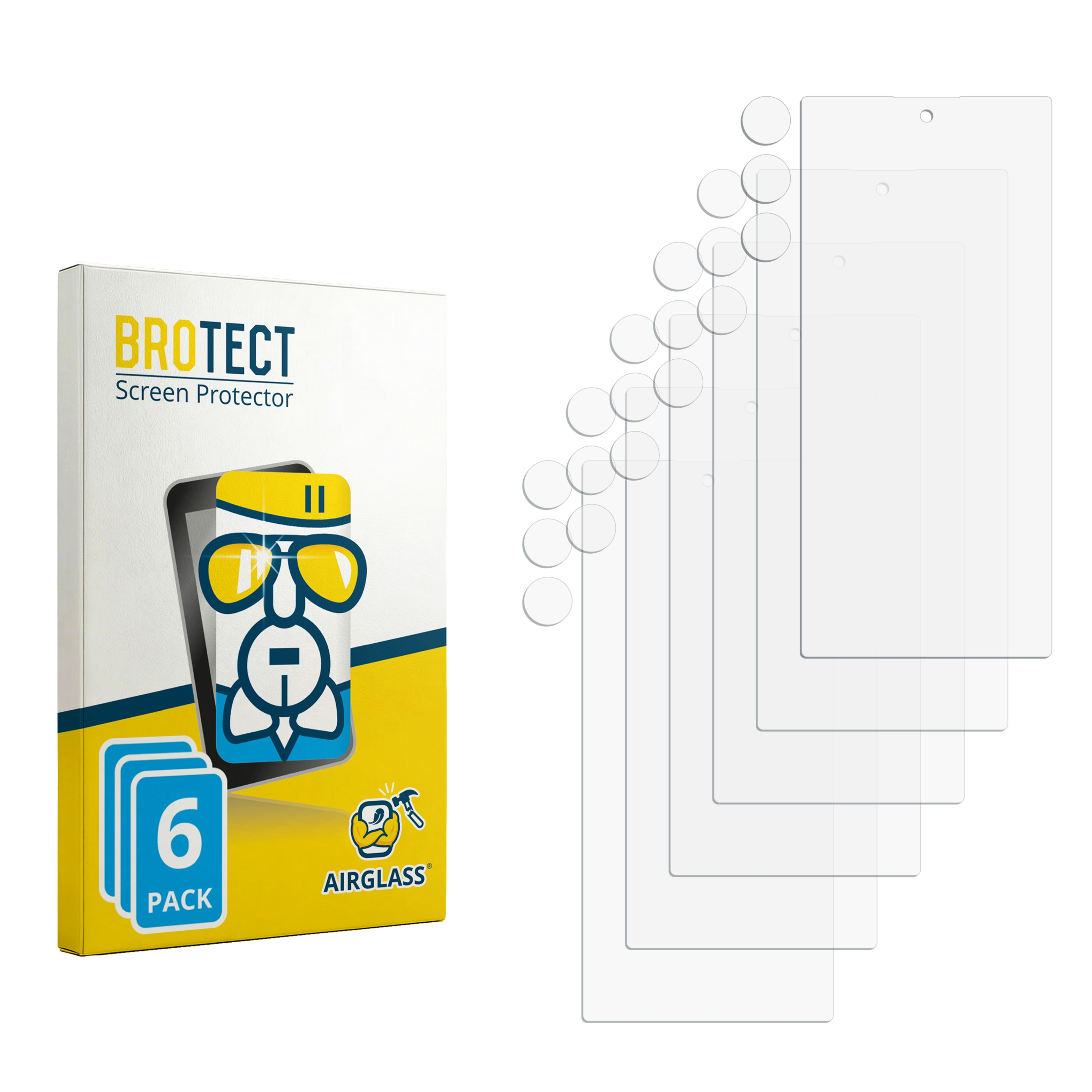 Verpackung für Displayschutzfolien mit 6 Stück und einzelnen Folien.