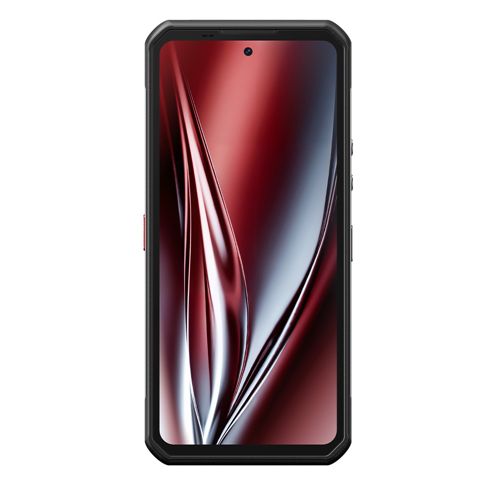 Uno smartphone nero con uno sfondo dinamico rosso e argento.