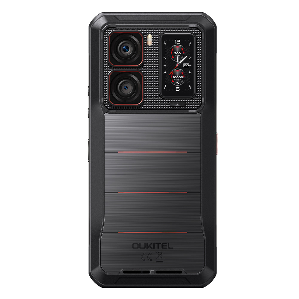 Retro di uno smartphone Oukitel nero con due fotocamere e display a quadrante digitale.