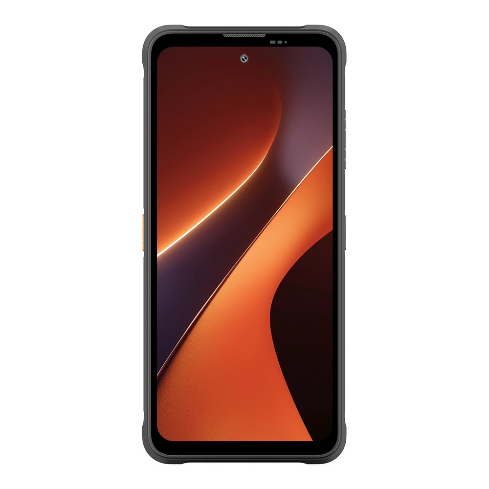 Uno smartphone nero con uno sfondo arancione e viola sullo schermo.