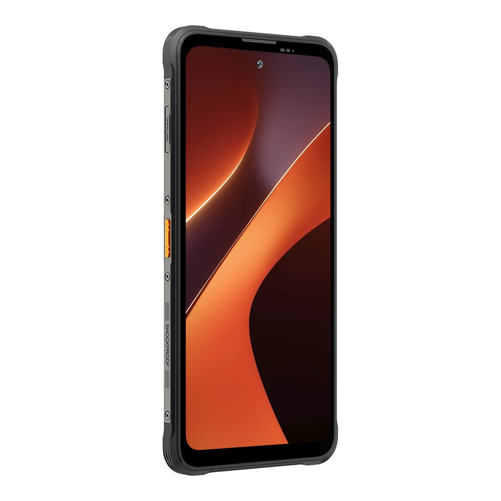 Mostrato uno smartphone robusto nero con uno sfondo astratto arancione e nero.