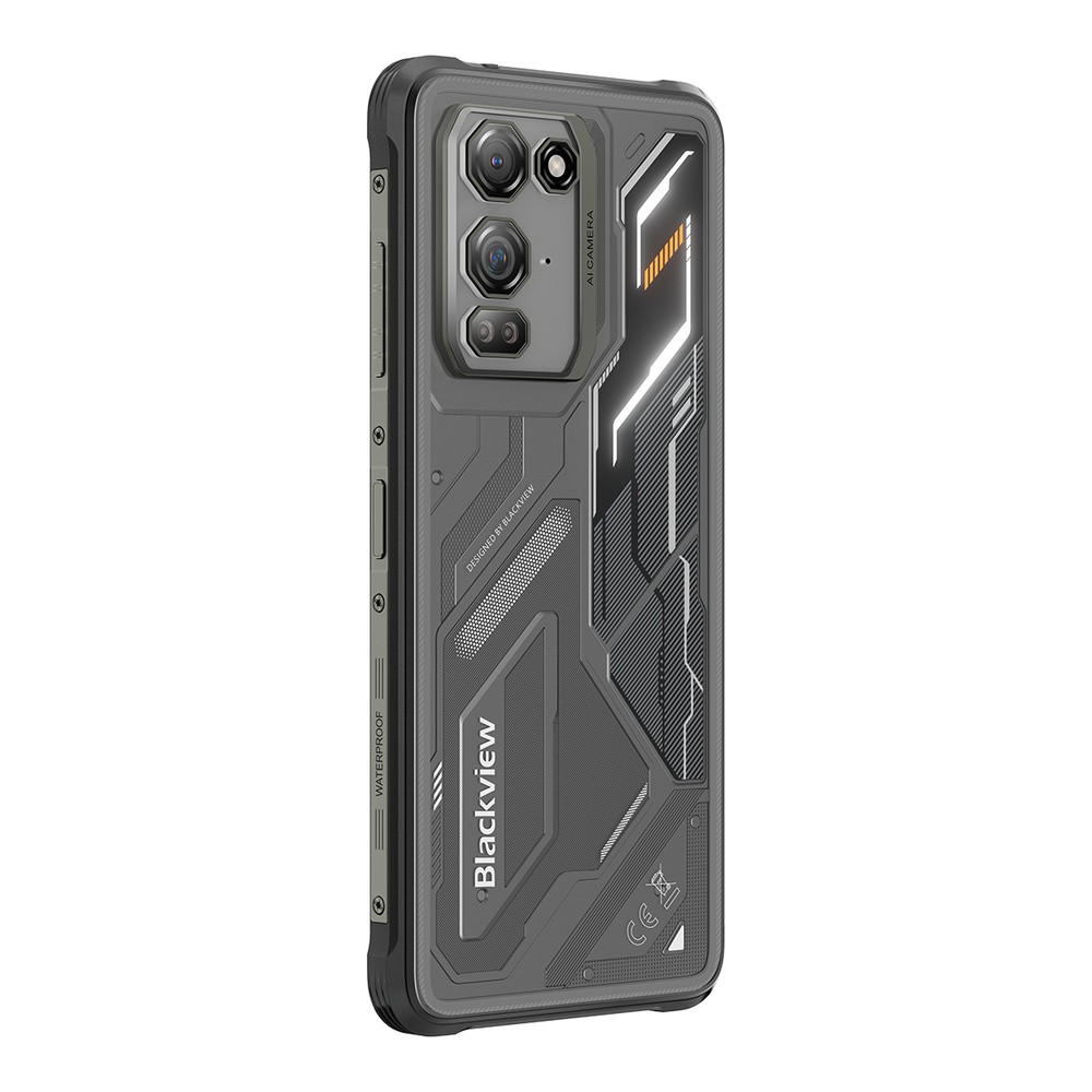 Retro di uno smartphone robusto con tripla fotocamera e un design accattivante.