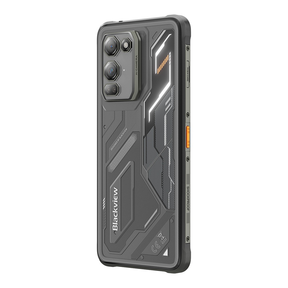 Robusto smartphone nero con fotocamere posteriori e logo 'Blackview'.