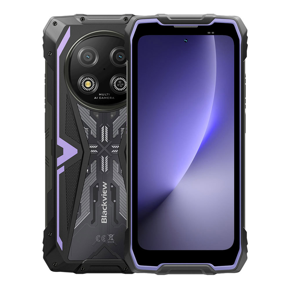 Uno smartphone Blackview nero con bordo viola e configurazione multi-camera sul retro.