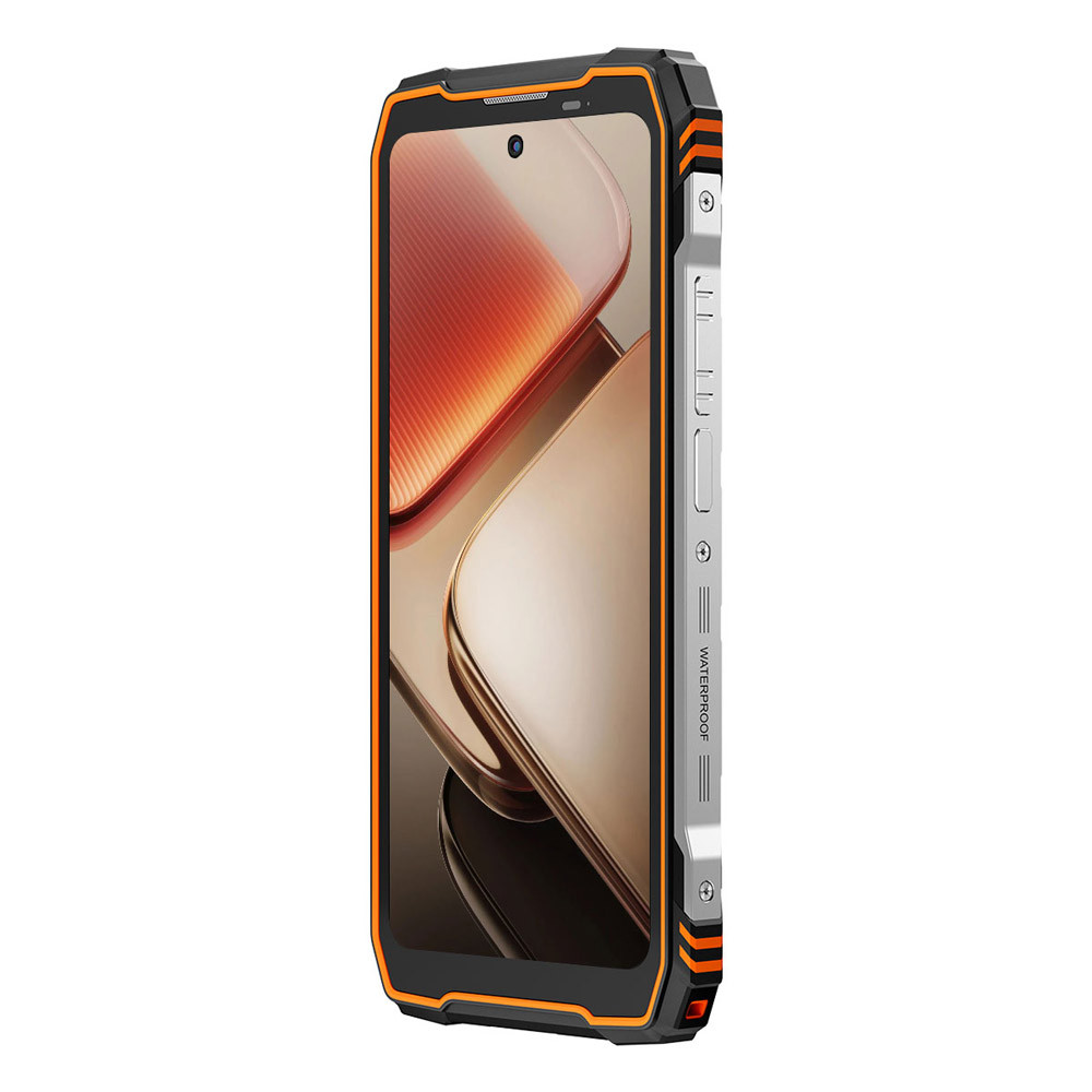 Smartphone robusto con accenti arancioni, pulsanti argentati e scritta 'WATERPROOF'.