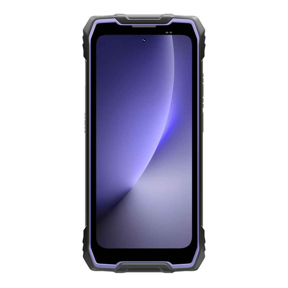 Uno smartphone robusto con accenti viola e sfondo viola sullo schermo.