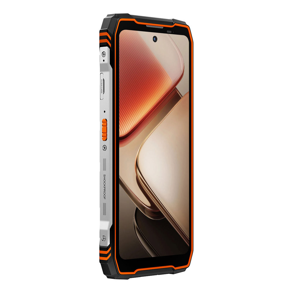 Smartphone robusto con accenti arancioni e schermo visualizzato.