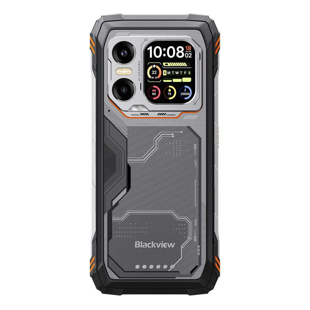 Uno smartphone robusto nero con accenti argento e arancio. Dispone di fotocamera e display.